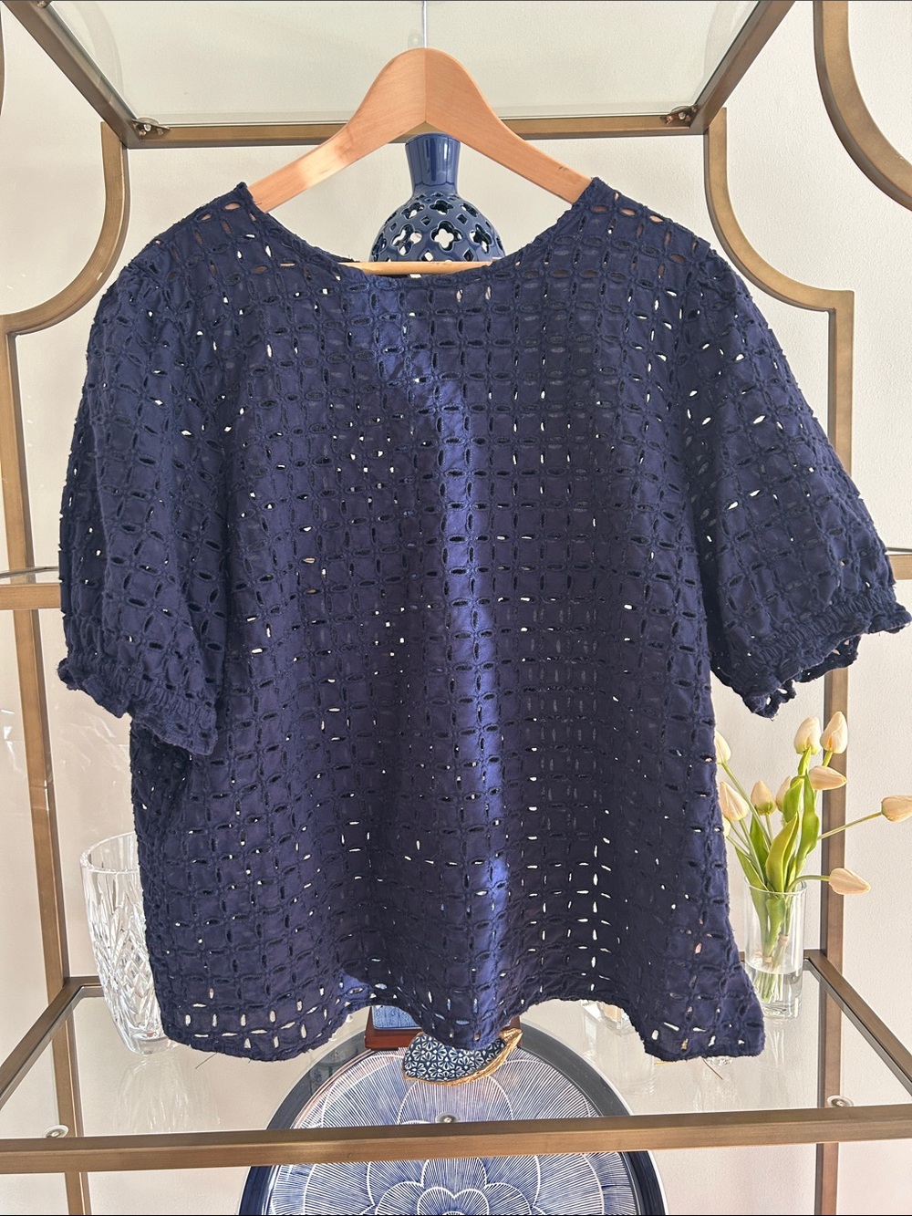GAP Navy Crochet Eyelet Short Sleeve Top